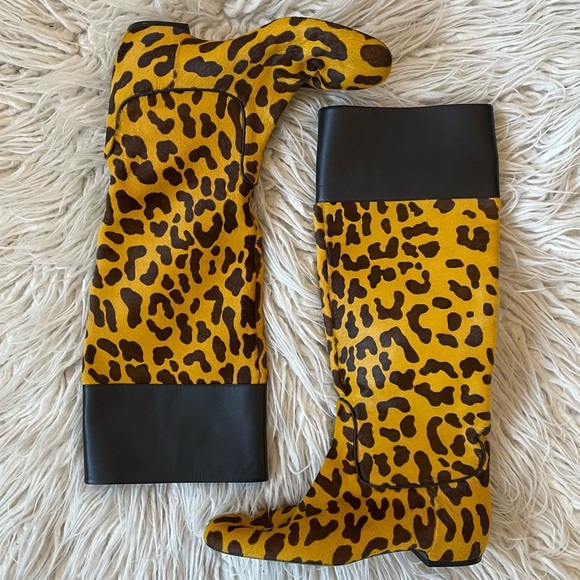 Roger Vivier Ponyhair Tan Brown Leopard Print Knee-High Riding Boots NWOB Sz 35